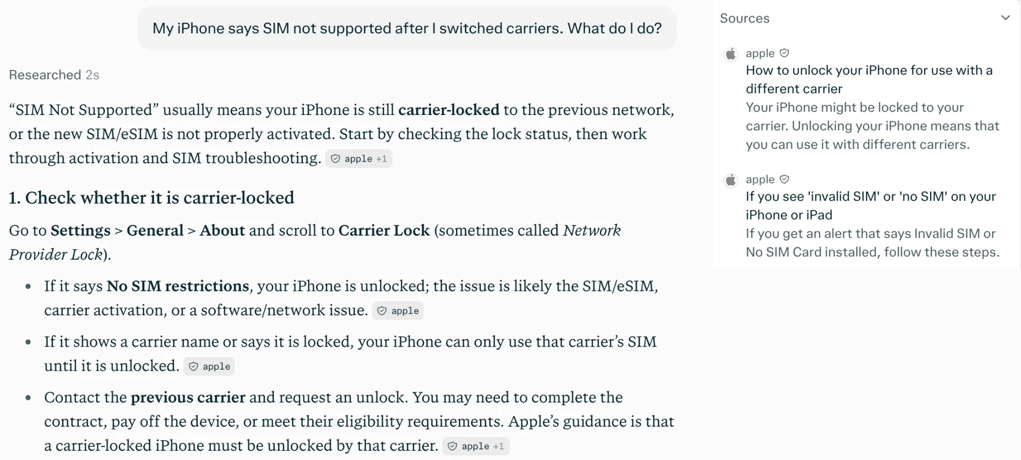 Perplexity's answer on SIM not supported, explaining the carrier lock check under Settings, General, About with apple chips, and two Apple support pages in its source panel