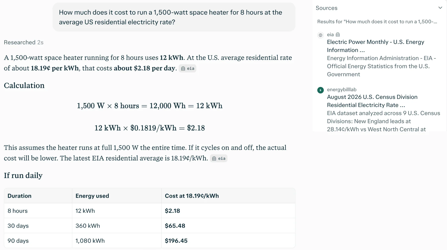 Perplexity's answer on space heater running cost: 12 kWh at 18.19 cents per kWh is about $2.18 a day, with the calculation shown, a table for 8 hours, 30 days and 90 days, and EIA in the source panel