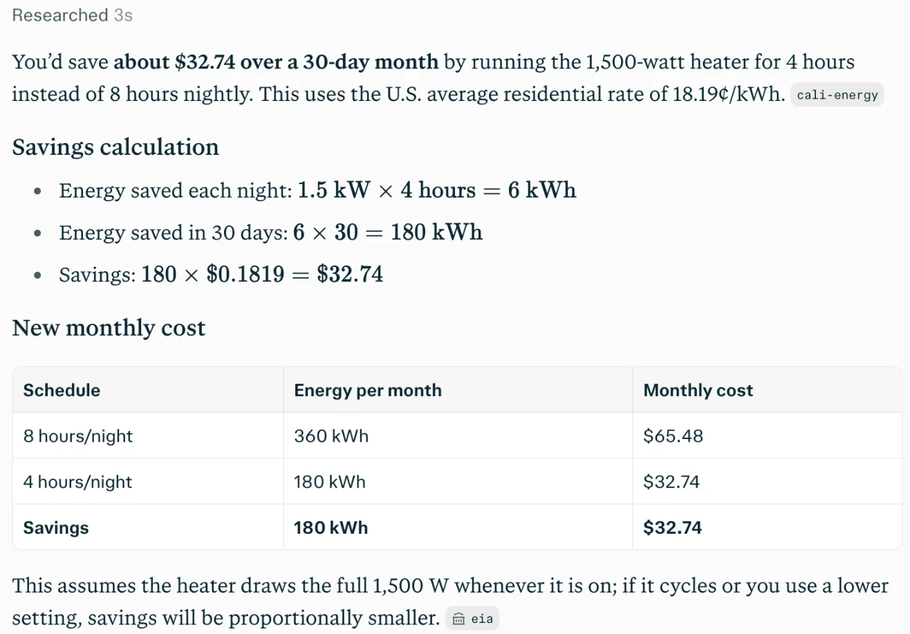 Perplexity's follow-up answer: about $32.74 saved over a 30-day month, with the savings calculation, a table of 8-hour and 4-hour monthly costs, and cali-energy and eia chips