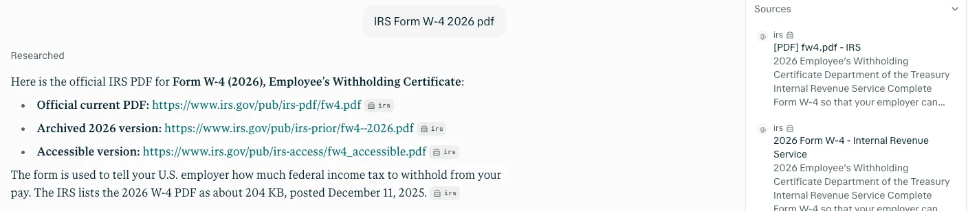 Perplexity's answer to IRS Form W-4 2026 pdf, listing the official, archived and accessible IRS PDF links with irs chips, the file size and the posting date