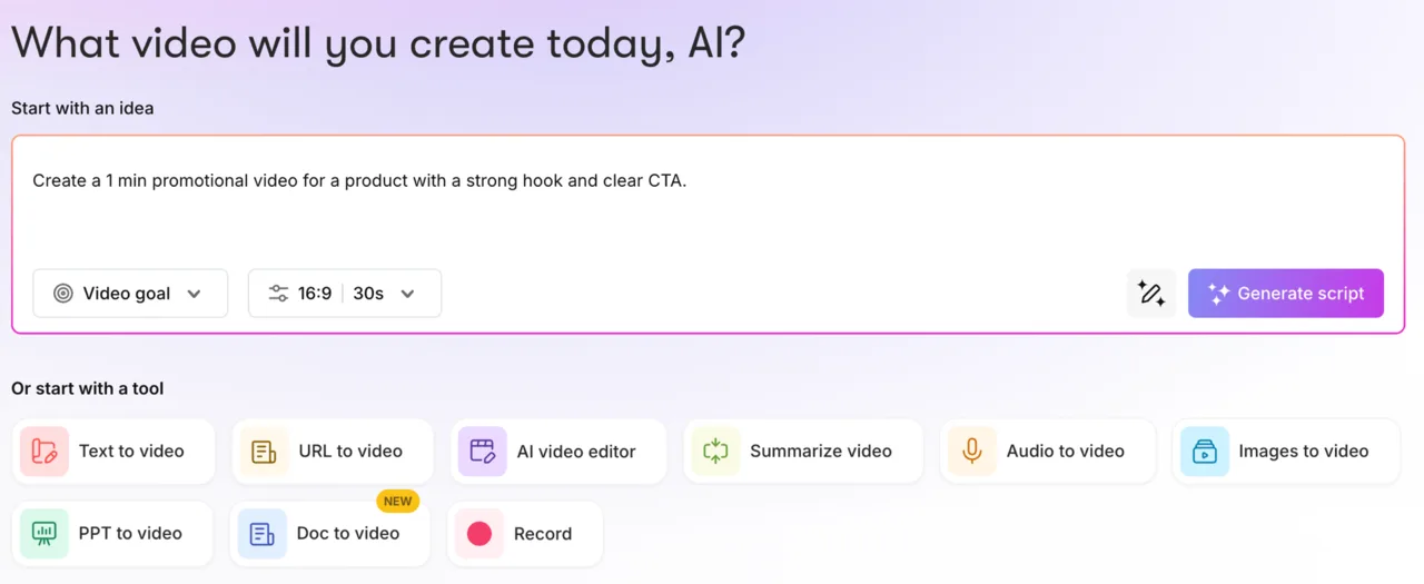 Pictory's home dashboard with its input tiles: text-to-video, URL-to-video, AI video editor, summarize, audio, images, PPT, and doc-to-video
