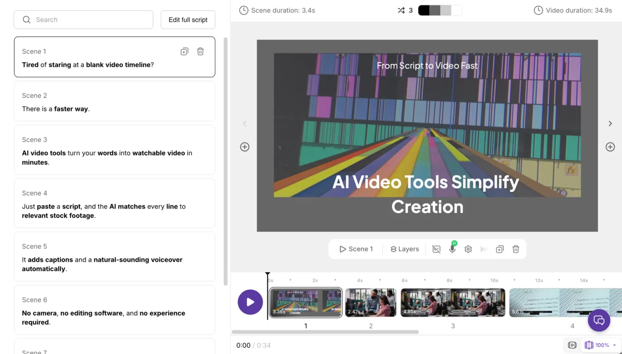 Pictory's storyboard editor: an eight-sentence script split into one scene per sentence, with the AI-chosen keywords bolded and stock footage matched to each line