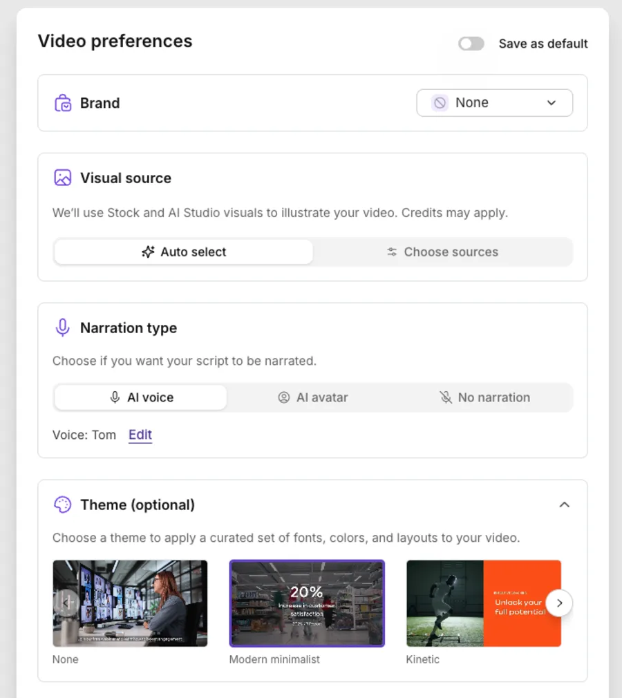 Pictory's video preferences screen: visual source set to stock and AI Studio, narration type with AI voice, AI avatar, or no narration, and optional theme presets