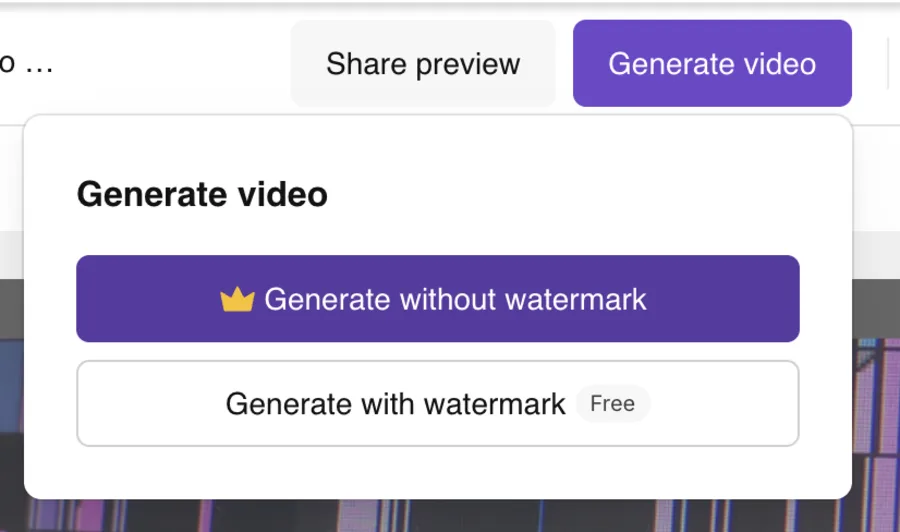 Pictory's export menu: "Generate without watermark" is a crowned premium option, while "Generate with watermark" is the only one marked Free on the trial