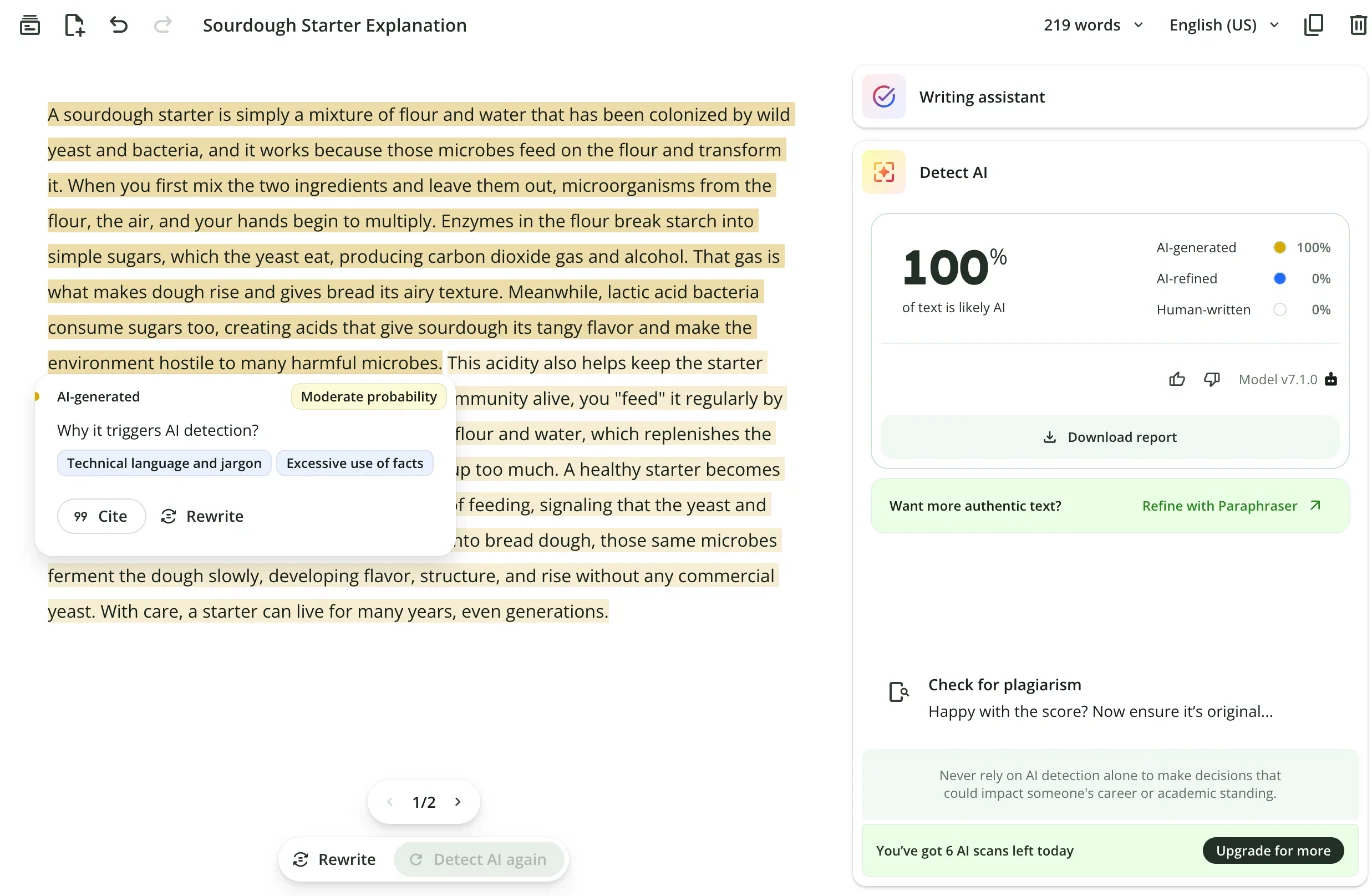 QuillBot's AI detector scoring a Claude-written sourdough explainer 100% AI, with flagged sentences highlighted and a card explaining why: Technical language and jargon, Excessive use of facts, Moderate probability