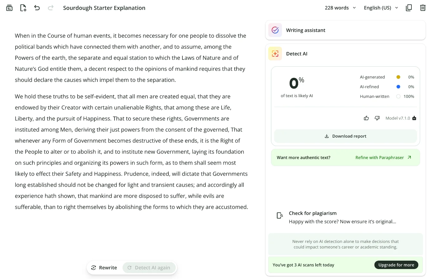 QuillBot's AI detector scoring the opening of the Declaration of Independence 0% AI and 100% human-written