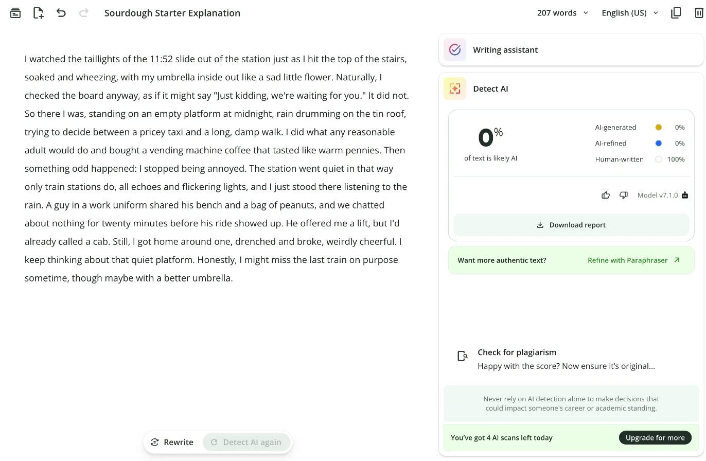 QuillBot's AI detector scoring a Claude-written casual blog post about missing the last train 0% AI and 100% human-written, with no passages highlighted