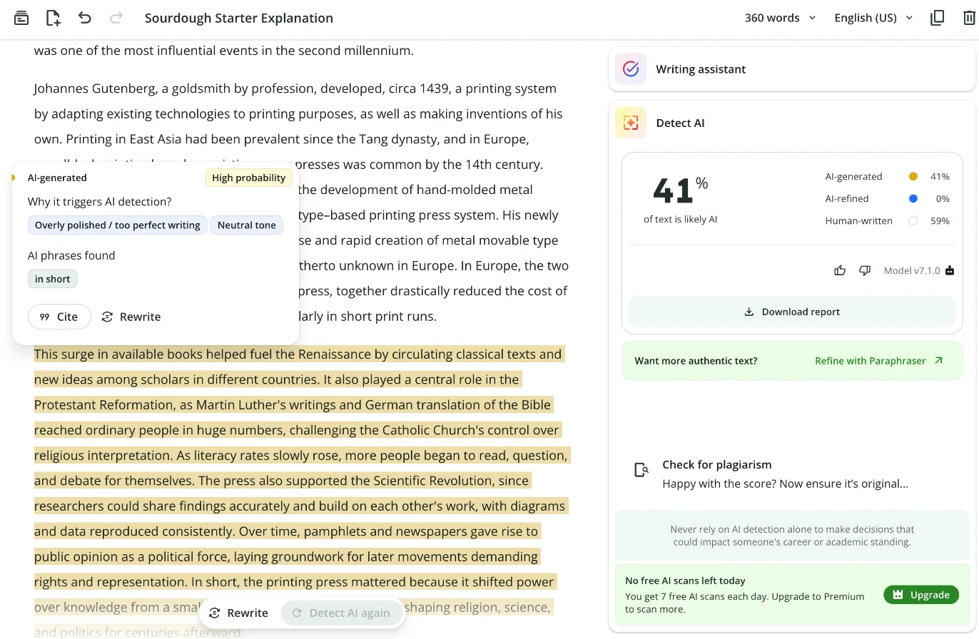 QuillBot's AI detector scoring a 59% human, 41% Claude text 41% AI, with only the Claude-written part highlighted and a card listing Overly polished / too perfect writing, Neutral tone and the AI phrase in short