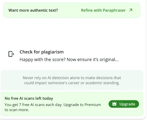 QuillBot's AI detector panel under a result: a Want more authentic text? Refine with Paraphraser link, a Check for plagiarism prompt, and the warning Never rely on AI detection alone to make decisions that could impact someone's career or academic standing