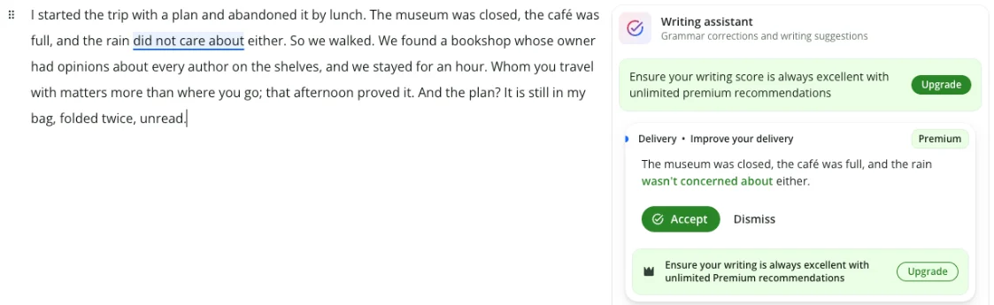 QuillBot showing no grammar corrections on a clean paragraph but one Premium Delivery suggestion to change did not care about to wasn't concerned about