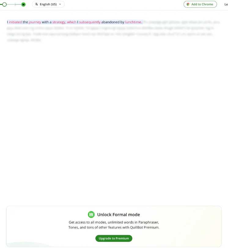 QuillBot paraphraser Formal mode locked on a free account, showing one sentence and an Unlock Formal mode panel with an Upgrade to Premium button