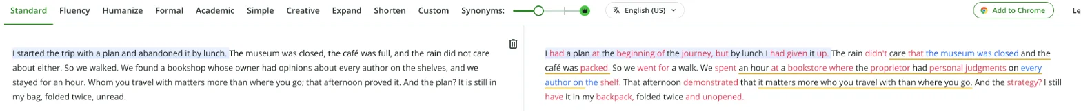 QuillBot paraphraser in Standard mode rewriting a 77-word paragraph into 86 words, with bag changed to backpack and unread changed to unopened