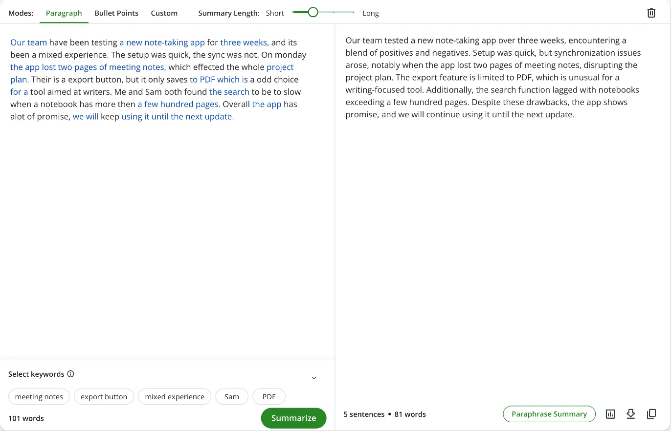 QuillBot summarizer turning a 101-word paragraph into an 81-word, five-sentence summary that links the lost meeting notes to synchronization issues