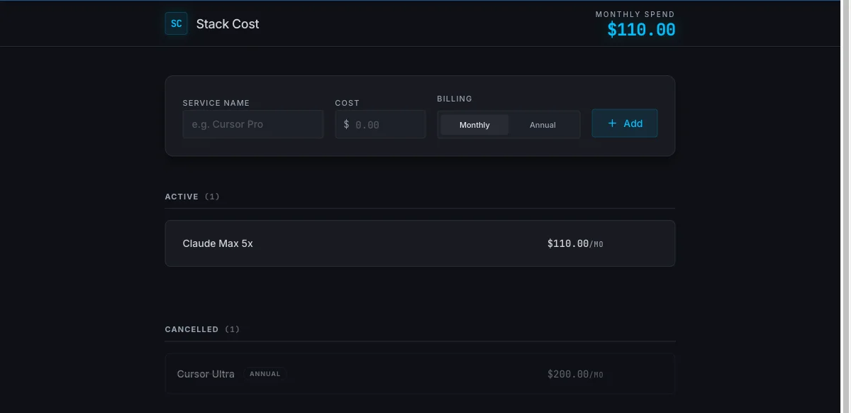 The Stack Cost app Replit built, showing a pinned monthly spend of $110.00, an active Claude Max 5x subscription at $110.00 per month, and a cancelled Cursor Ultra entry marked ANNUAL and showing the derived $200.00 per month