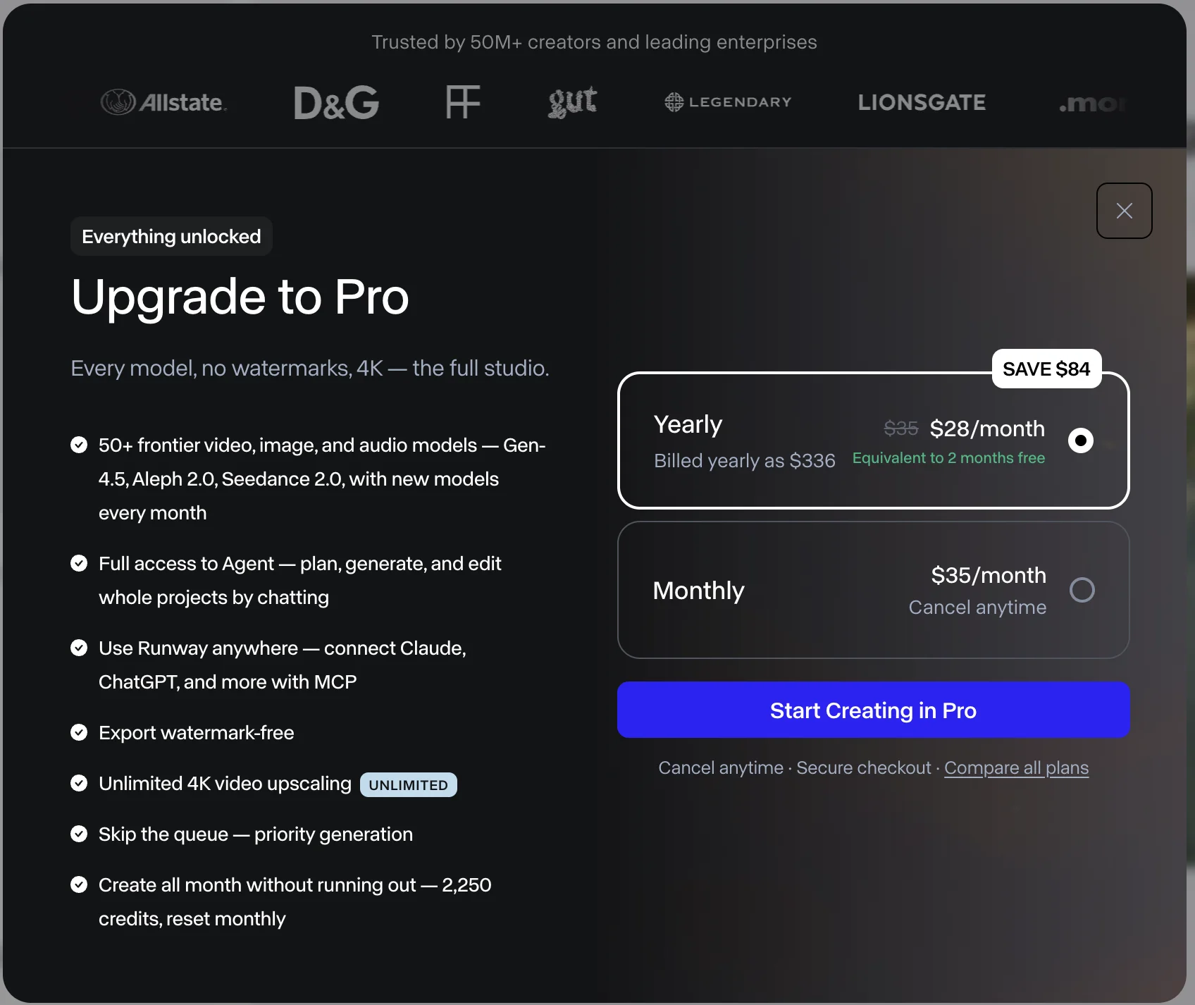 Runway's Upgrade to Pro screen that appears when trying to generate on the flagship model with a free account