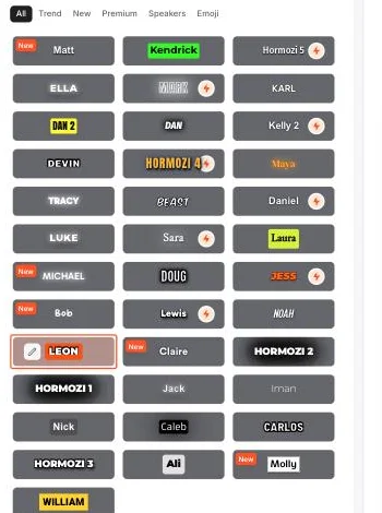 Submagic's caption style library, a grid of roughly three dozen preset designs with names including Hormozi, Beast, Kendrick, Iman and Ali