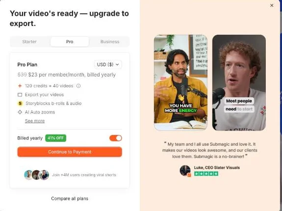 Submagic's export paywall, a modal reading your video's ready, upgrade to export, with the Pro plan preselected at $23 per member per month billed yearly