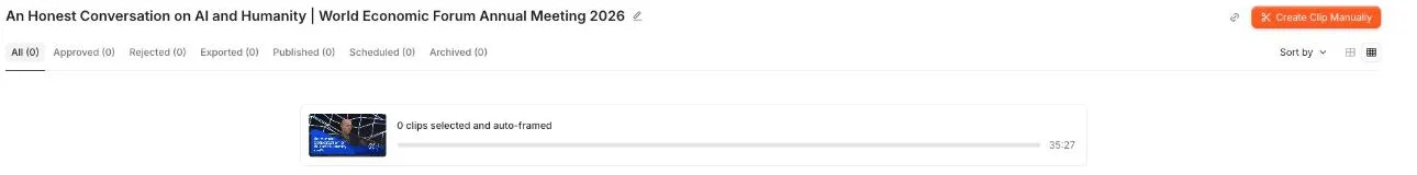 A failed Submagic project showing every tab at zero — All, Approved, Rejected, Exported, Published, Scheduled and Archived — above a row reading 0 clips selected and auto-framed for a 35 minute 27 second source