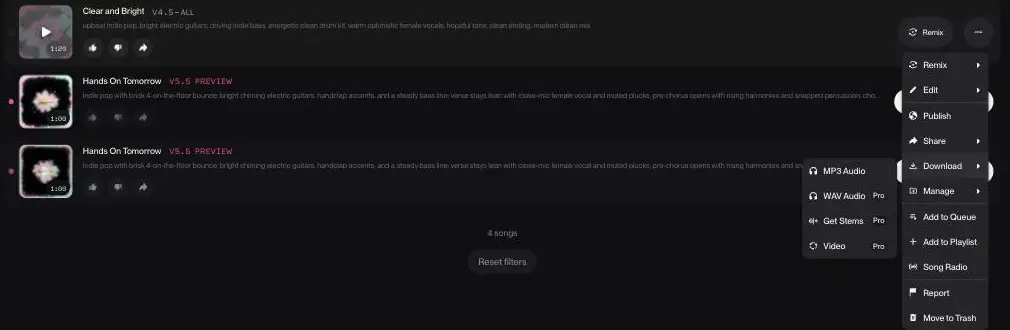 Suno's track menu open on a free account with the Download submenu expanded: MP3 Audio unbadged, WAV Audio, Get Stems and Video each carrying a Pro badge