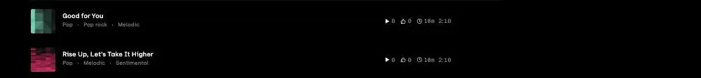 Udio's library showing the two tracks from our brief, Good for You and Rise Up Let's Take It Higher, both exactly 2:10 — the free plan's full-length cap