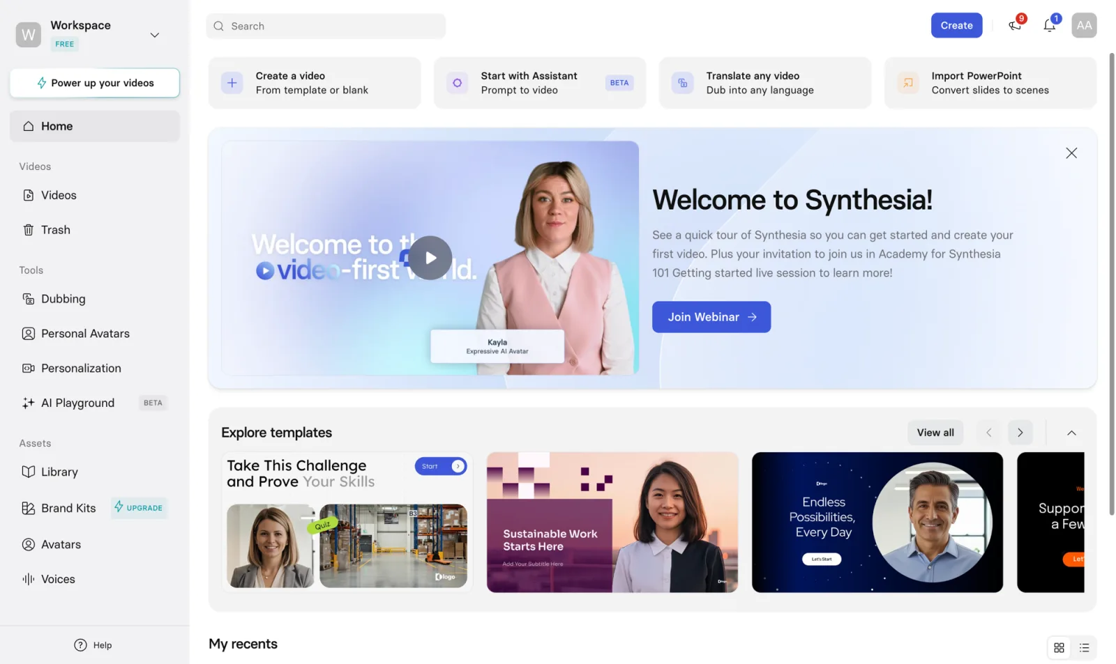 Synthesia's dashboard home: create-a-video, start-with-assistant, translate, and import-PowerPoint actions above a row of corporate training templates