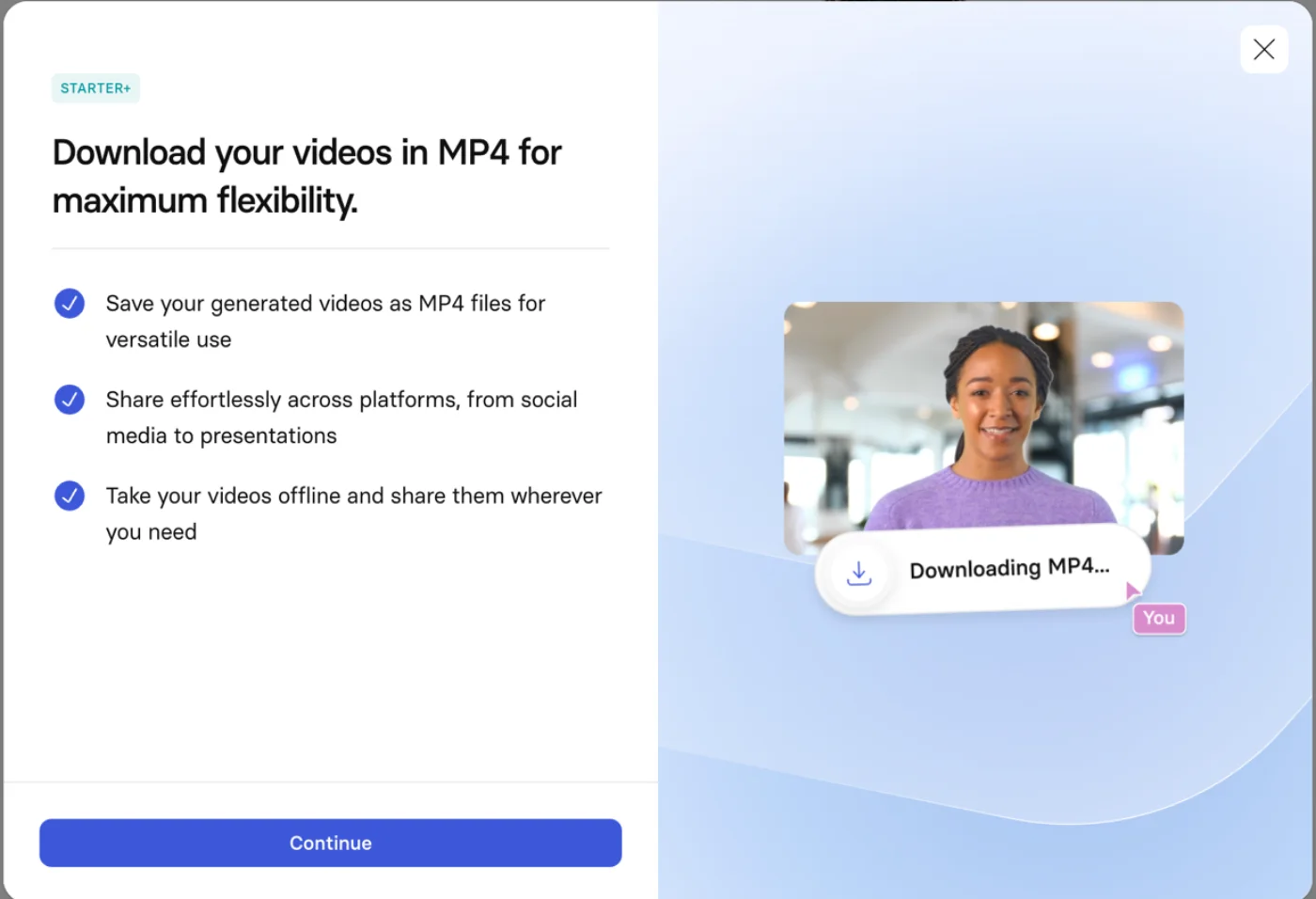 Synthesia's download paywall: a "Download your videos in MP4" screen gating MP4 export behind the Starter plan