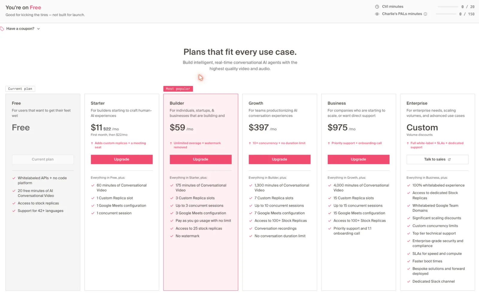 Tavus's in-app billing page showing all six plans from Free to Enterprise, with the free tier's conversational-video minute meter at the top