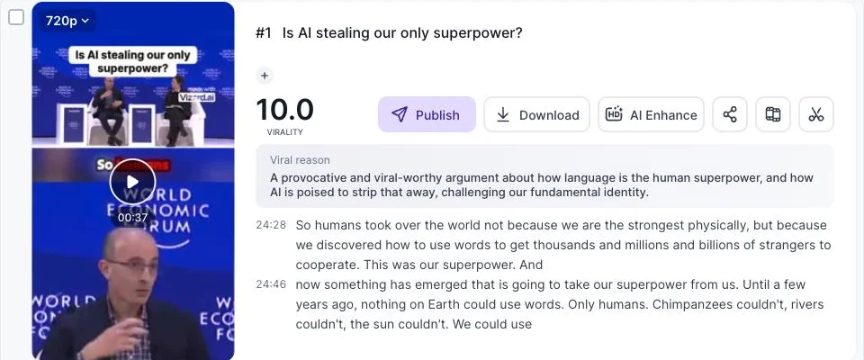 A Vizard clip card showing a 10.0 virality score, the written viral reason and timecoded transcript excerpts