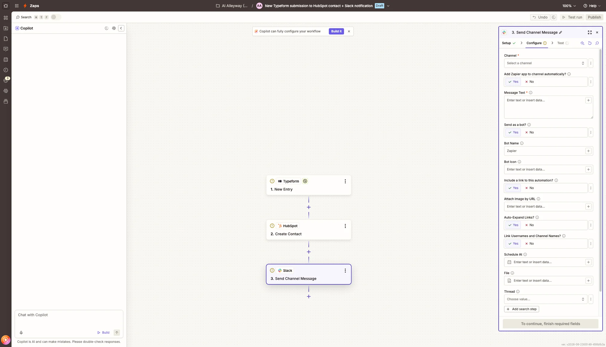Building a Zap in Zapier's editor with Copilot open on the left: a Typeform trigger feeds HubSpot Create Contact and a Slack step whose configuration panel is open on the right