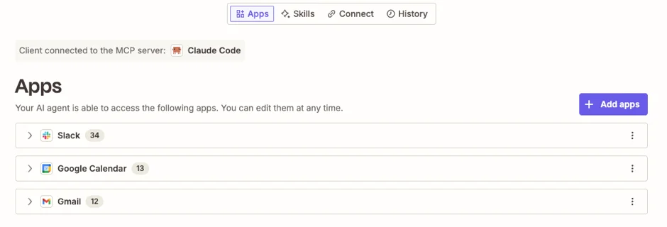 Zapier's MCP dashboard with Gmail, Google Calendar, and Slack connected to Claude Code as the AI agent