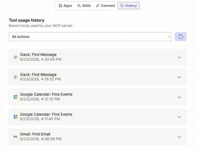 Zapier's MCP tool-usage history: live Gmail Find Email, Google Calendar Find Events, and Slack Find Message calls, each timestamped