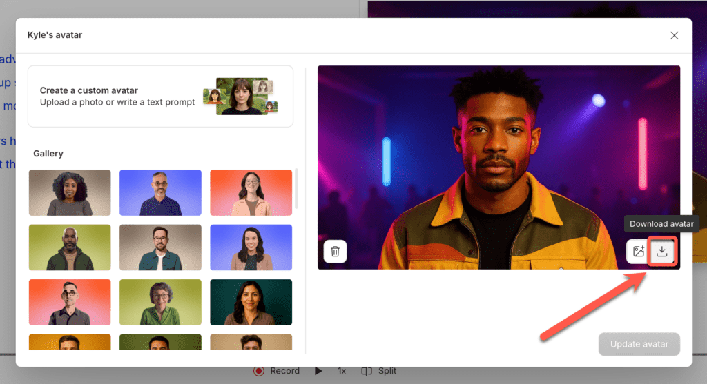 Descript AI Avatars interface showing stock avatar selection and custom avatar creation options