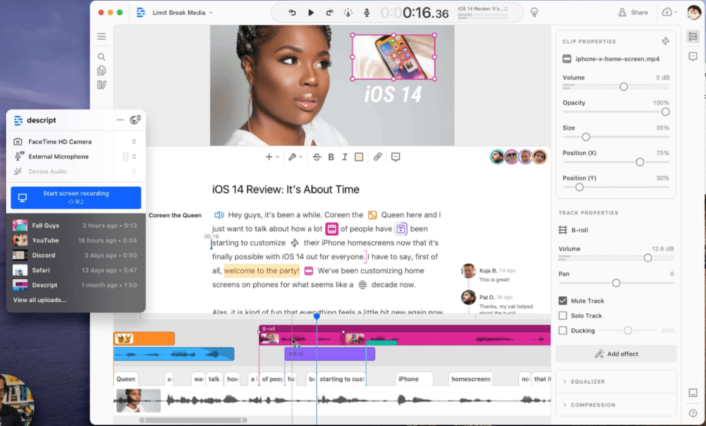 Descript Overdub voice training interface showing voice recording setup and consent verification process