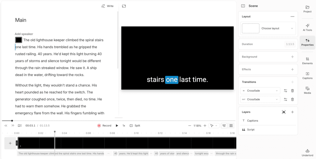 Descript interface showing transcript editor alongside video timeline demonstrating text-based editing workflow