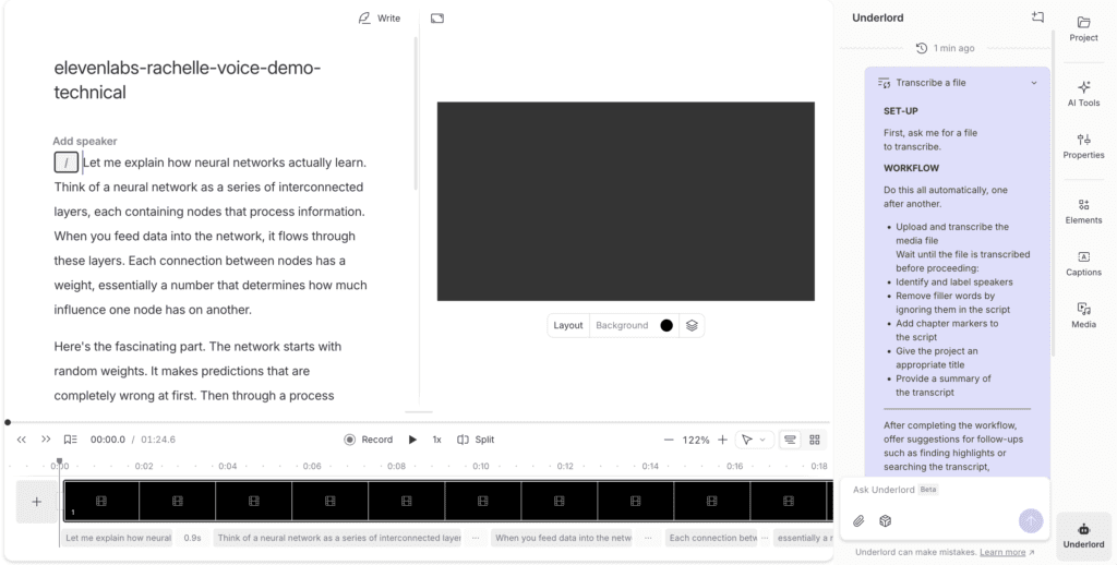 Descript transcript showing speaker detection and high accuracy transcription of podcast interview