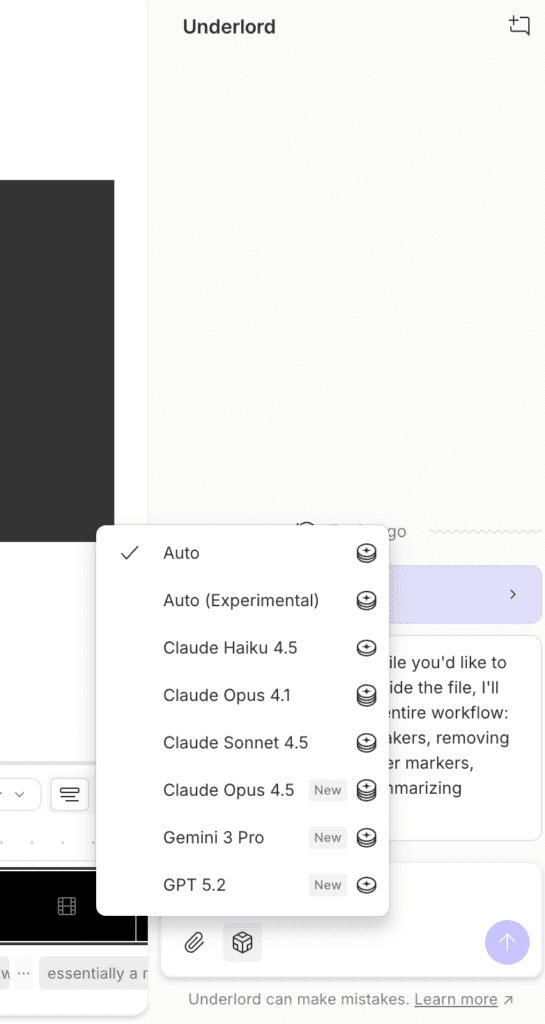 Descript Underlord AI assistant interface showing Edit for Clarity and Remove Retakes features