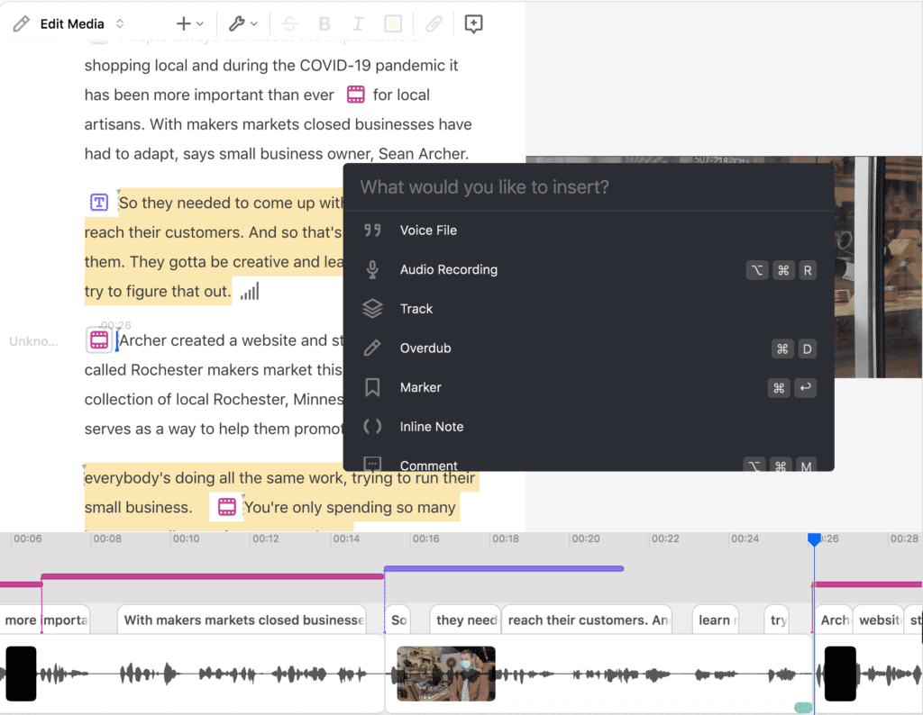 Descript video editor showing multi-track timeline with Studio Sound, Eye Contact, and auto-caption features