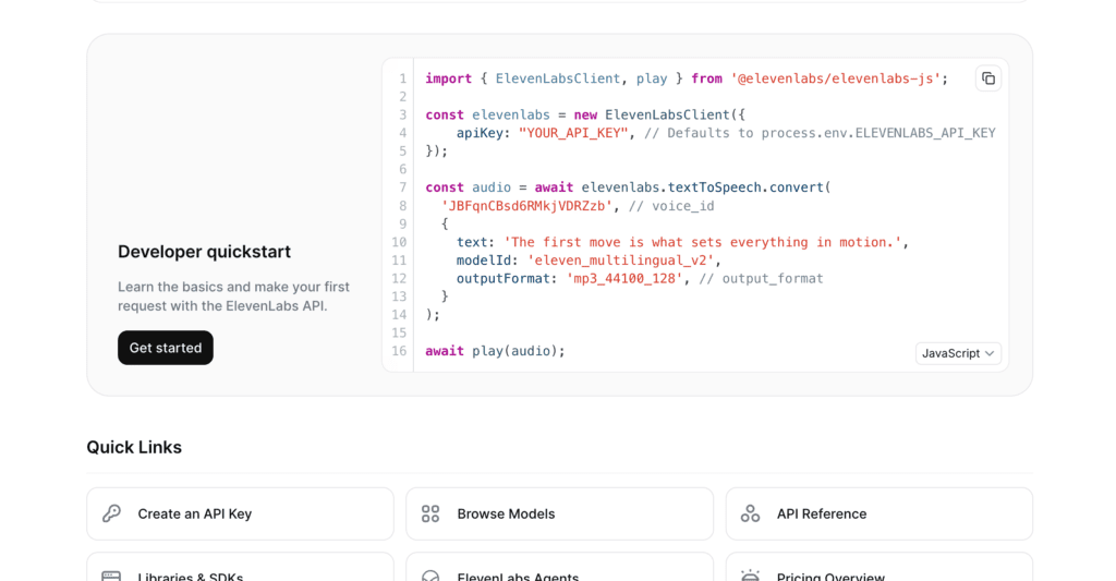 ElevenLabs API documentation showing code examples and endpoints