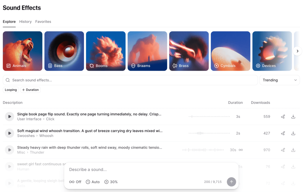 ElevenLabs Sound Effects generator interface with text prompt