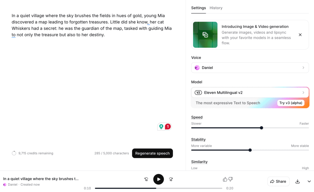 ElevenLabs speech synthesis studio showing text editor and voice control sliders