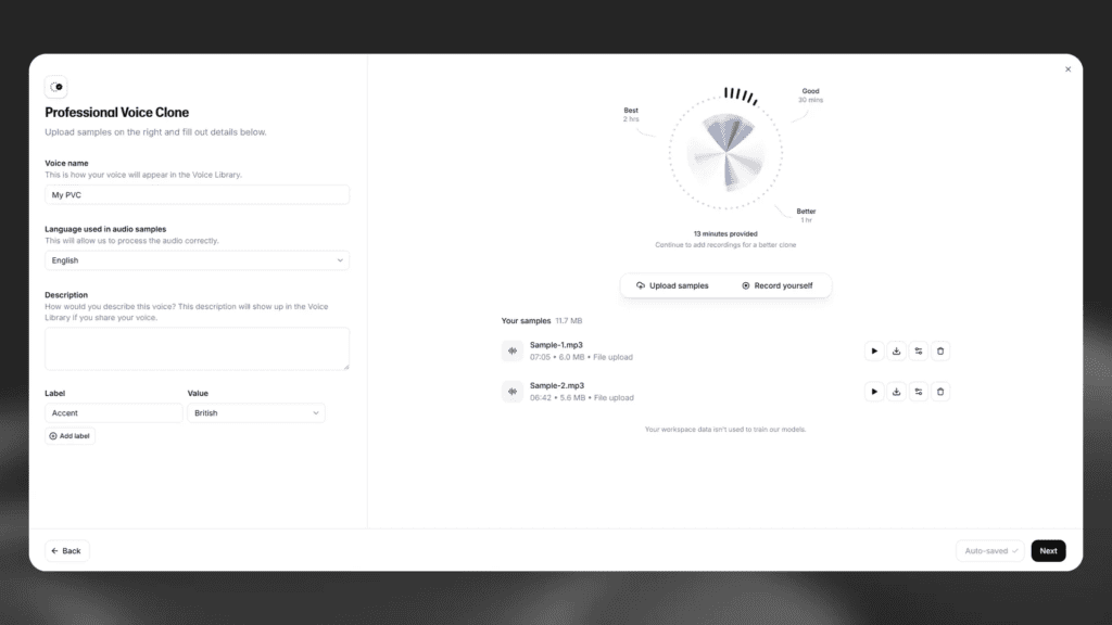 ElevenLabs voice cloning upload interface showing instant and professional options