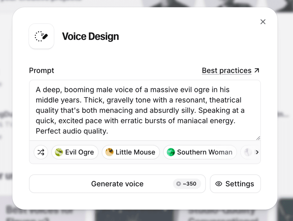 ElevenLabs voice design tool interface for creating custom AI voices