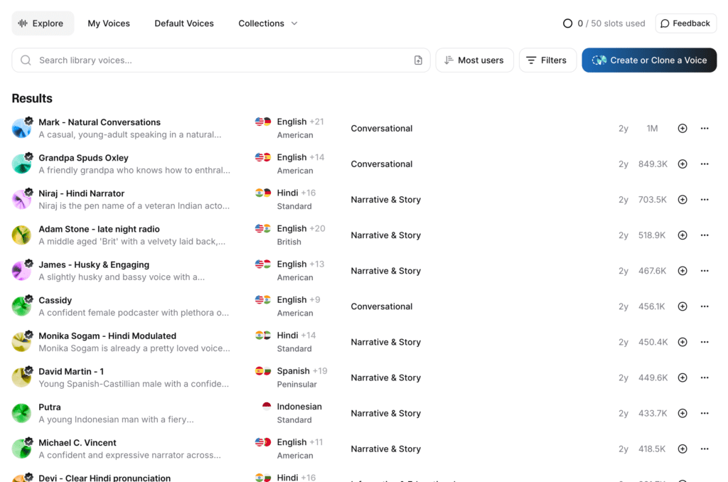 ElevenLabs voice library showing 120+ AI voices organized by use case