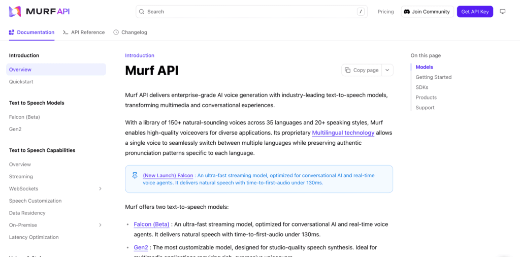 Murf.ai API documentation page showing developer resources