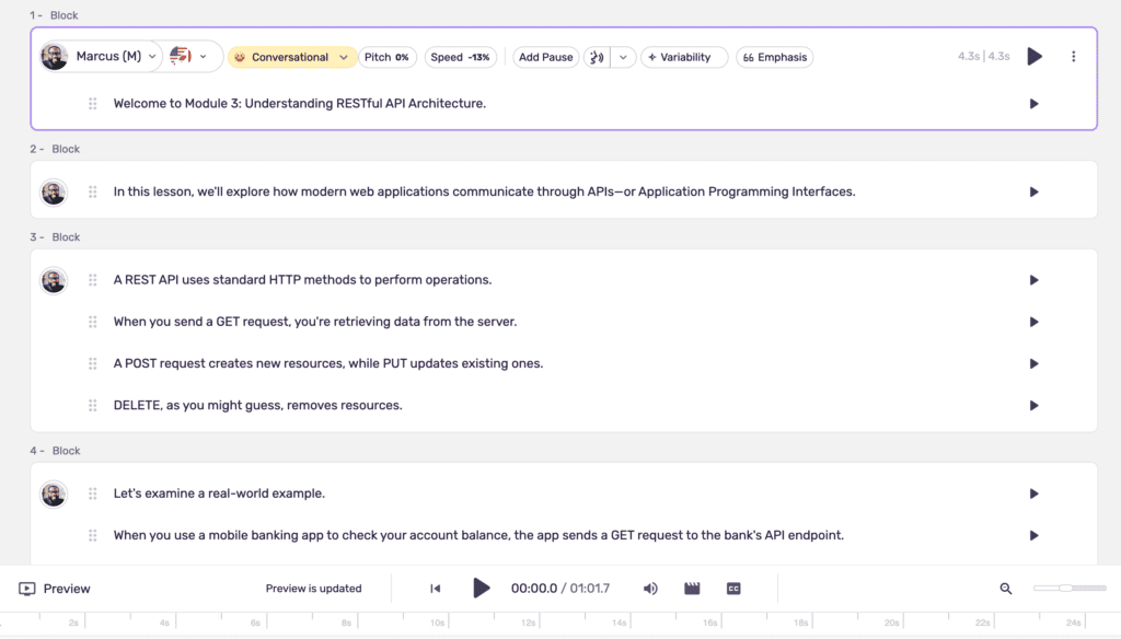 Murf.ai speech synthesis editor showing text editor, voice controls, and timeline