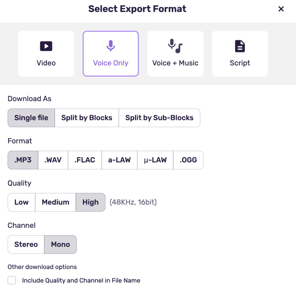 Murf.ai export options dialog showing MP3, WAV, MP4, and other formats