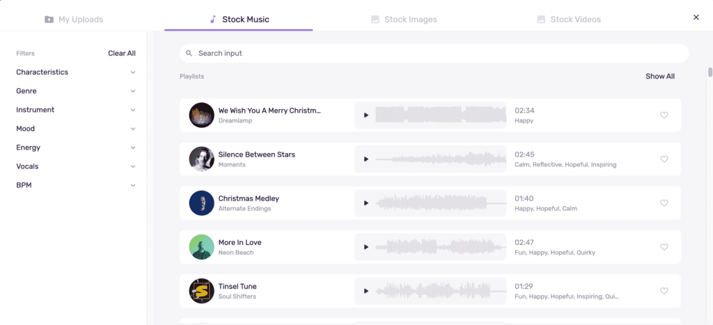 Murf.ai music library showing 8,000+ royalty-free tracks organized by mood