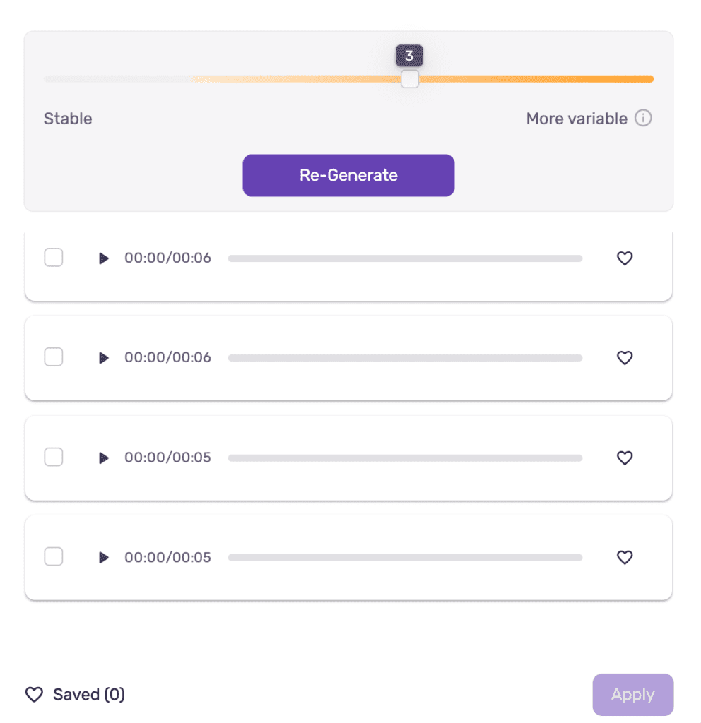 Murf.ai variability feature showing multiple generated voice variations