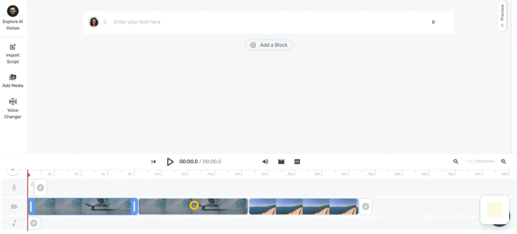 Murf.ai video editor timeline showing video, voiceover, and music tracks